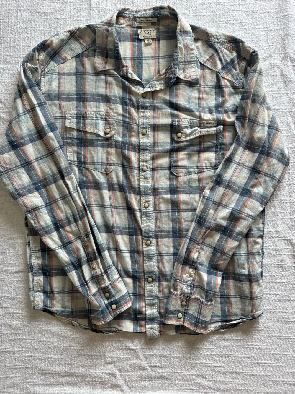 Lucky Brand Men's Plaid Button-Down Shirt in Blue, White, and Coral